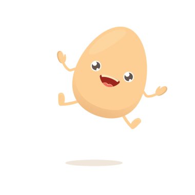 vektör komik karikatür sevimli gülümseyen küçük yumurta karakteri beyaz arka plan izole. Beyaz sabah gıda düz funky karakter