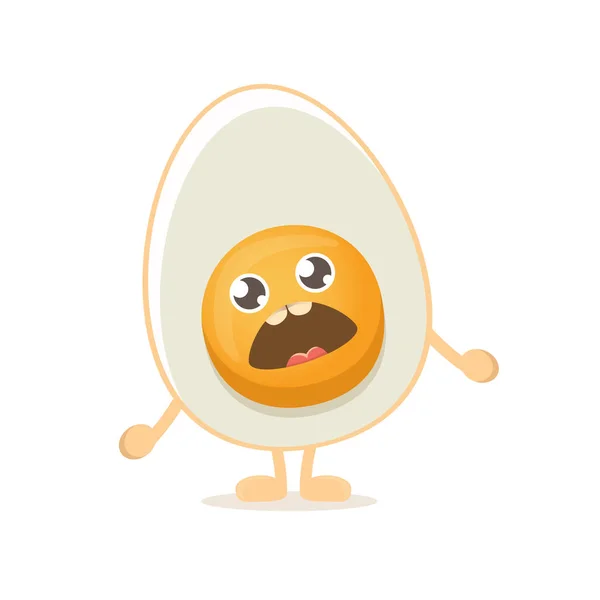 Vektör komik karikatür sevimli gülümseyen küçük haşlanmış yumurta karakteri beyaz arka plan üzerinde izole. Beyaz sabah gıda düz funky karakter — Stok Vektör