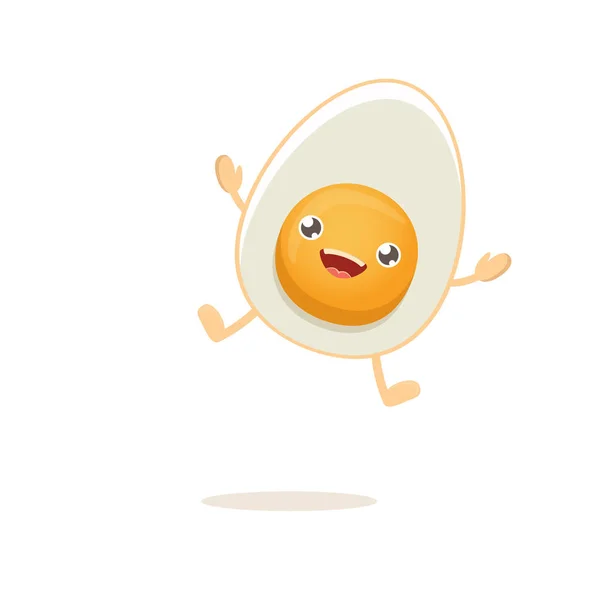Vektör komik karikatür sevimli gülümseyen küçük haşlanmış yumurta karakteri beyaz arka plan üzerinde izole. Beyaz sabah gıda düz funky karakter — Stok Vektör