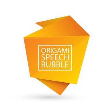 Soyut turuncu origami konuşma balonu veya afiş beyaz arka plan üzerinde izole. Şerit afiş, kaydırma, fiyat etiketi, etiket, rozet, poster.
