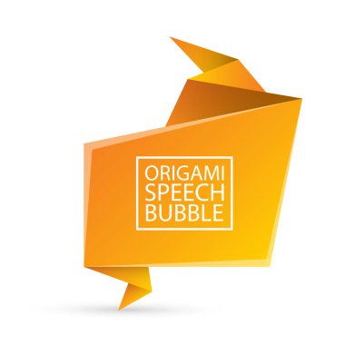 Soyut turuncu origami konuşma balonu veya afiş beyaz arka plan üzerinde izole. Şerit afiş, kaydırma, fiyat etiketi, etiket, rozet, poster.