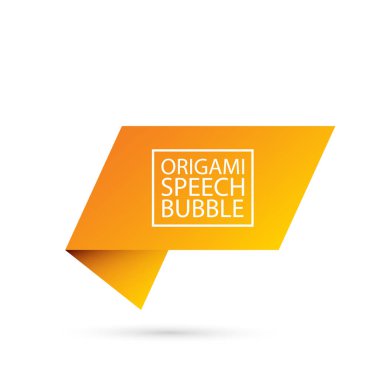 Soyut turuncu origami konuşma balonu veya afiş beyaz arka plan üzerinde izole. Şerit afiş, kaydırma, fiyat etiketi, etiket, rozet, poster.