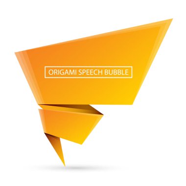 Soyut turuncu origami konuşma balonu veya afiş beyaz arka plan üzerinde izole. Şerit afiş, kaydırma, fiyat etiketi, etiket, rozet, poster.