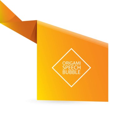 Soyut turuncu origami konuşma balonu veya afiş beyaz arka plan üzerinde izole. Şerit afiş, kaydırma, fiyat etiketi, etiket, rozet, poster.