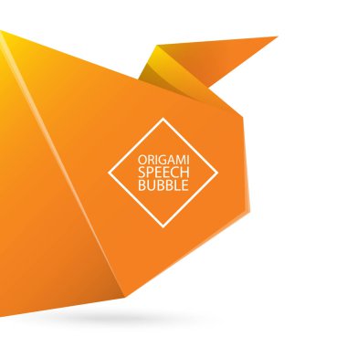 Soyut turuncu origami konuşma balonu veya afiş beyaz arka plan üzerinde izole. Şerit afiş, kaydırma, fiyat etiketi, etiket, rozet, poster.