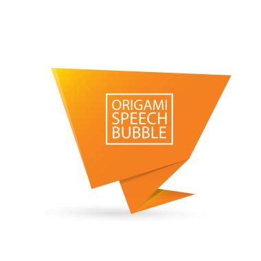 Soyut turuncu origami konuşma balonu veya afiş beyaz arka plan üzerinde izole. Şerit afiş, kaydırma, fiyat etiketi, etiket, rozet, poster.