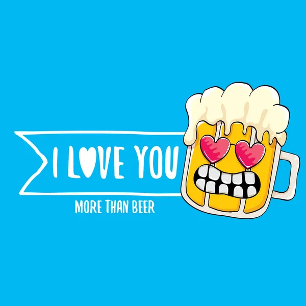 Kocham Cię więcej niż wektor piwo Walentynki kartkę z pozdrowieniami piwo charakter kreskówki na niebieskim tle. Wektor dorosły Walentynki plakat projekt szablon z zabawny slogan — Wektor stockowy