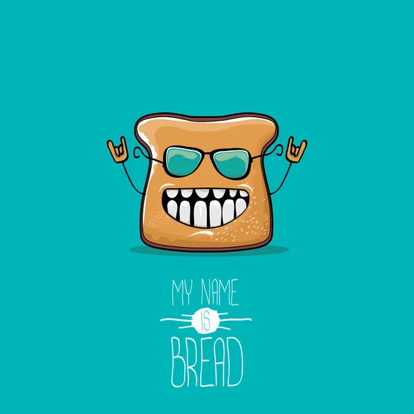 Vector funny cartoon cute sliced bread character isolated on turquoise background. My name is bread concept illustration. funky food character or bakery label mascot — Stock Vector