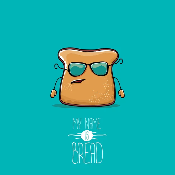 Vector funny cartoon cute sliced bread character isolated on turquoise background. My name is bread concept illustration. funky food character or bakery label mascot — Stock Vector