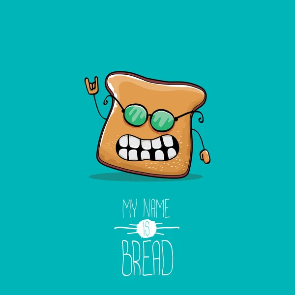 Vector funny cartoon cute sliced bread character isolated on turquoise background. My name is bread concept illustration. funky food character or bakery label mascot — Stock Vector