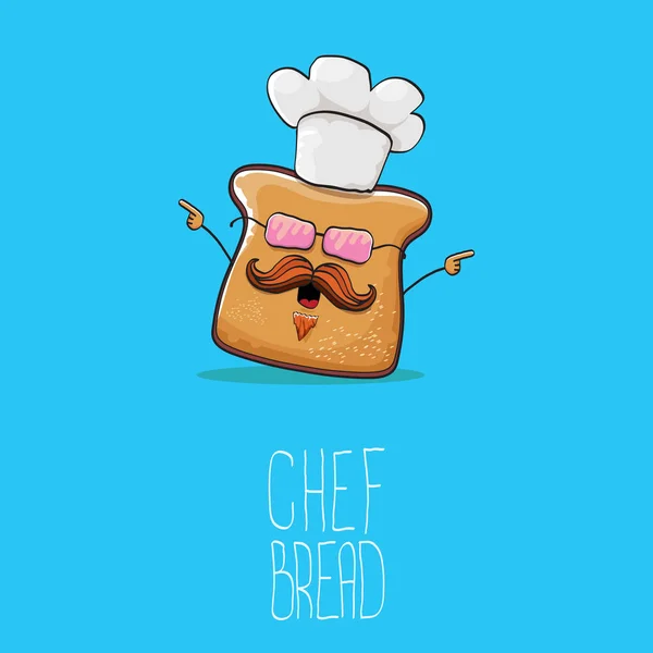 Vector funky cartoon schattig brood chef-kok karakter met witte chef-kok hoed geïsoleerd op blauwe achtergrond. Mijn naam is Bread concept illustratie. Bakkerij funky logo of mascotte ontwerpsjabloon — Stockvector