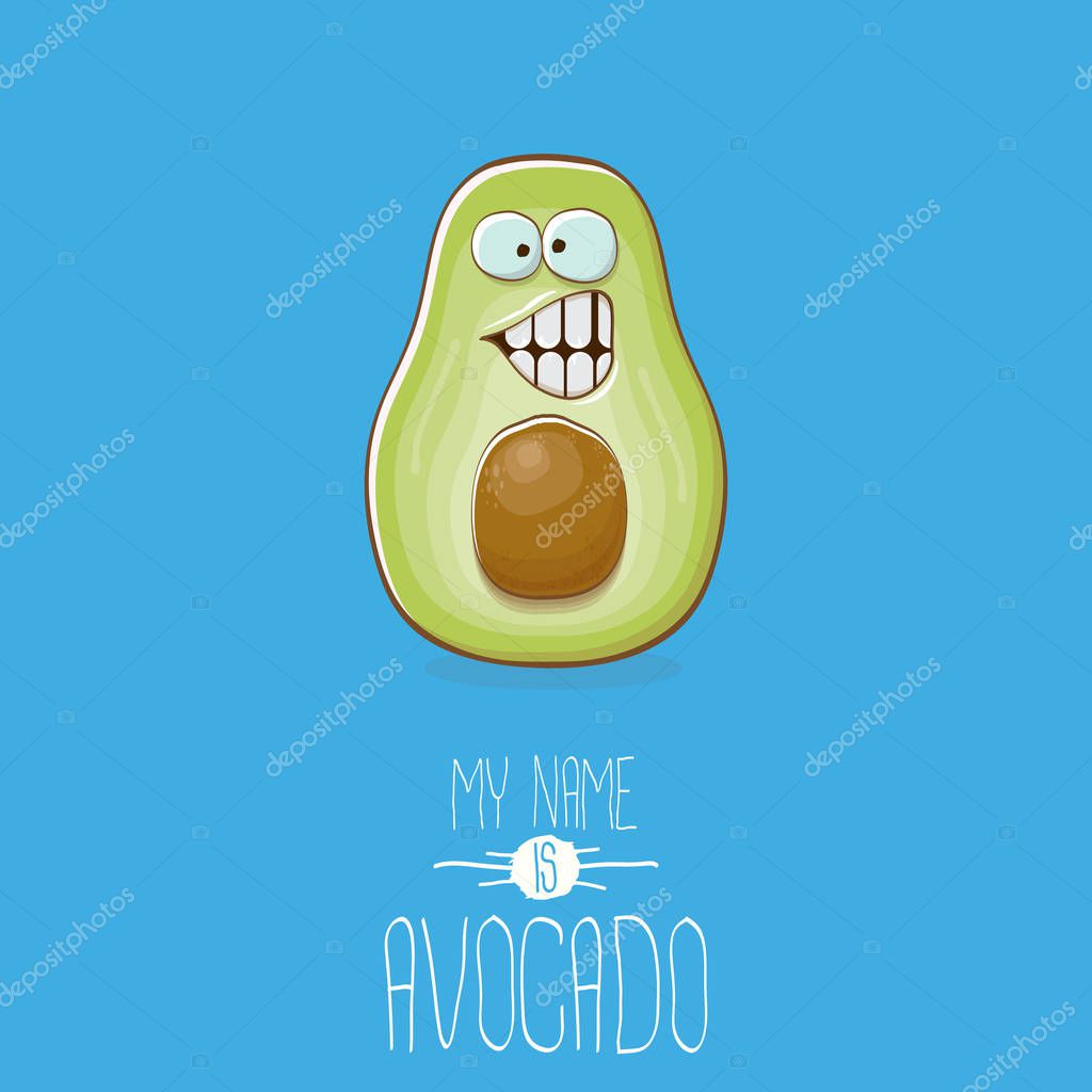 Funny cartoon cute green avocado character isolated on blue background. My name is avocado vector concept. vector healthy summer funky fruit character