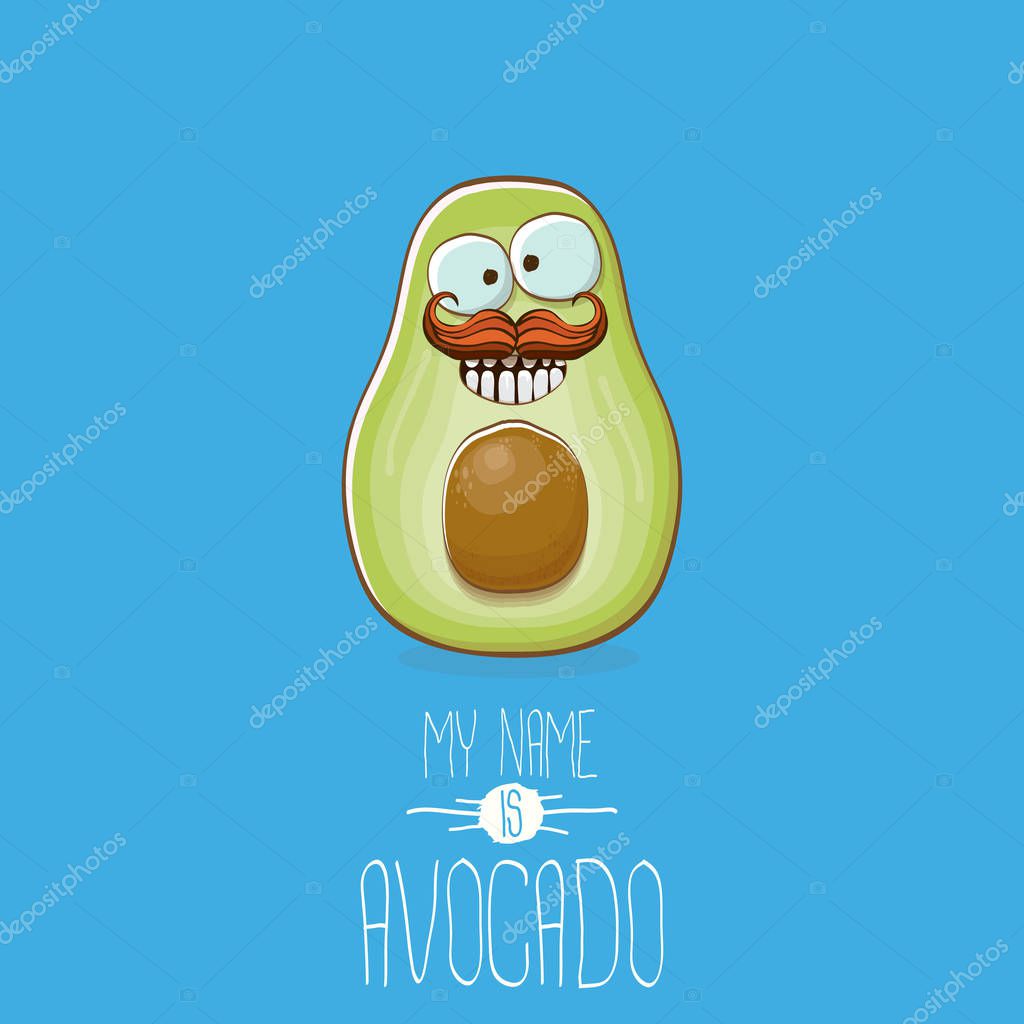 Funny cartoon cute green avocado character isolated on blue background. My name is avocado vector concept. vector healthy summer funky fruit character