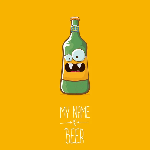 Vector cartoon funky beer bottle character isolated on orange background.vector beer comic label or poster design template. my name is beer or happy friday concept illustration — Stock Vector