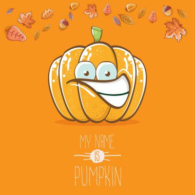 Turuncu arka planda izole edilmiş sevimli turuncu sevimli balkabağı. Benim adım balkabağı vektör çizimi. Sebzeli Cadılar Bayramı ya da Şükran Günü karakteri