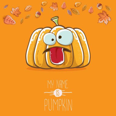 Turuncu arka planda izole edilmiş sevimli turuncu sevimli balkabağı. Benim adım balkabağı vektör çizimi. Sebzeli Cadılar Bayramı ya da Şükran Günü karakteri