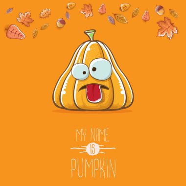 Turuncu arka planda izole edilmiş sevimli turuncu sevimli balkabağı. Benim adım balkabağı vektör çizimi. Sebzeli Cadılar Bayramı ya da Şükran Günü karakteri