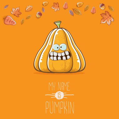 Turuncu arka planda izole edilmiş sevimli turuncu sevimli balkabağı. Benim adım balkabağı vektör çizimi. Sebzeli Cadılar Bayramı ya da Şükran Günü karakteri