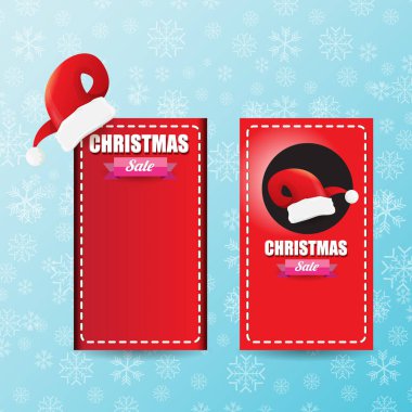 Kırmızı Noel Baba şapkalı, kar mavisi arka planda ve kar taneleri düşmüş vektör Noel Baba afişi veya etiket etiketi. Kızıl kış Noel poster tasarımı şablonu veya arkaplan