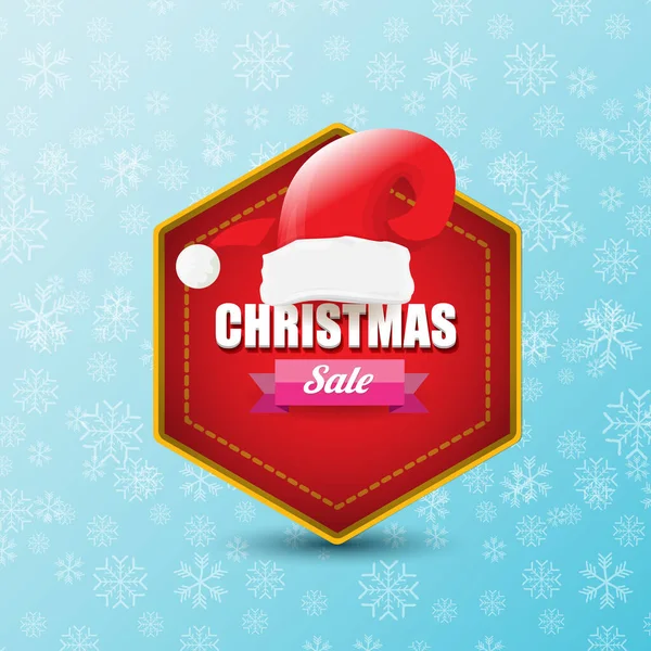 Vector Navidad banner de papel de ventas o etiqueta etiqueta con sombrero de santa rojo sobre fondo azul nevado con la caída de copos de nieve. Invierno rojo venta de Navidad cartel diseño plantilla o fondo — Vector de stock