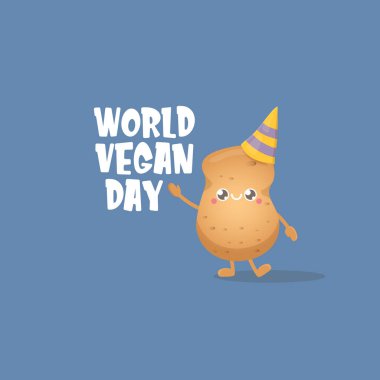 Dünya Vejetaryen Günü tebrik kartı mavi arka planda izole edilmiş komik, kahverengi, gülümseyen minik patatesli. Vejetaryen bayrağı. sebze kokulu karakter