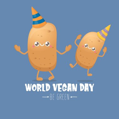 Dünya Vejetaryen Günü tebrik kartı mavi arka planda izole edilmiş komik, kahverengi, gülümseyen minik patatesli. Vejetaryen bayrağı. sebze kokulu karakter