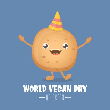 Dünya Vejetaryen Günü tebrik kartı mavi arka planda izole edilmiş komik, kahverengi, gülümseyen minik patatesli. Vejetaryen bayrağı. sebze kokulu karakter