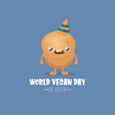 Dünya Vejetaryen Günü tebrik kartı mavi arka planda izole edilmiş komik, kahverengi, gülümseyen minik patatesli. Vejetaryen bayrağı. sebze kokulu karakter