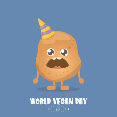 Dünya Vejetaryen Günü tebrik kartı mavi arka planda izole edilmiş komik, kahverengi, gülümseyen minik patatesli. Vejetaryen bayrağı. sebze kokulu karakter