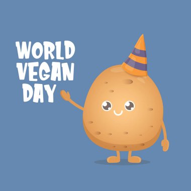 Dünya Vejetaryen Günü tebrik kartı mavi arka planda izole edilmiş komik, kahverengi, gülümseyen minik patatesli. Vejetaryen bayrağı. sebze kokulu karakter