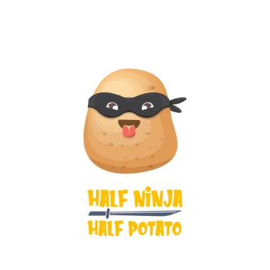Siyah süper kahraman maskeli yarı ninja yarı patates karakter. süper ninja kawaii sebze yemeği karakteri.