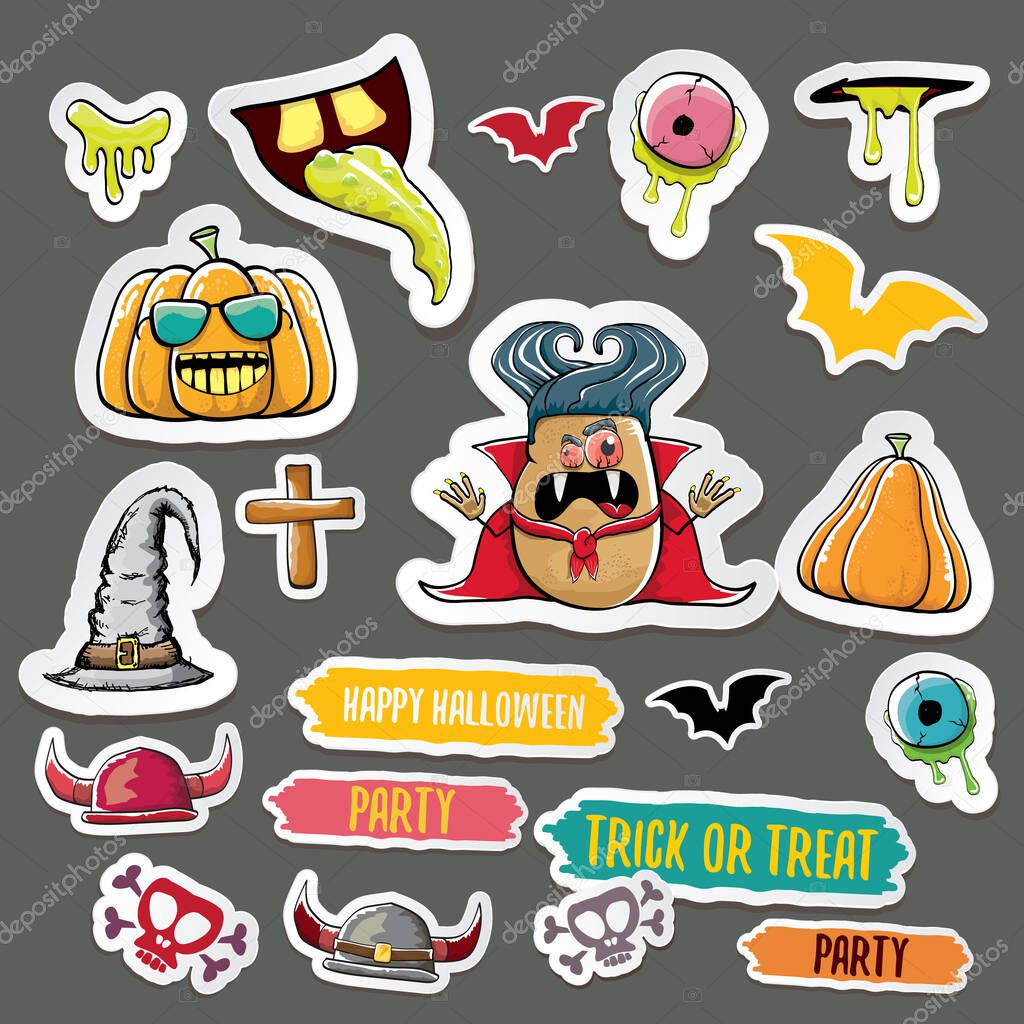 Vector halloween sticker icons set with dracula, witch, scary pumpkin, bat , skull, happy halloween text, demon and zombie eyes, wooden cemetry cross, monsters isolated on grey background.