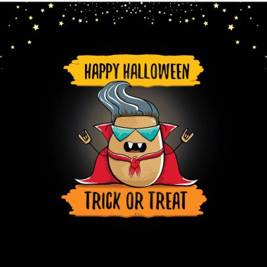 Vektör komik çizgi film şirin Dracula patatesi sivri dişleri ve koyu arka planda kırmızı pelerinli. Benim adım Dracula patates vektör kavramı cadılar bayramı arka planı. Vampir canavar sebze funky karakter