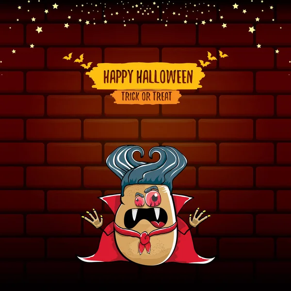 Vector funny cartoon cute dracula potato with fangs and red cape isolated on brick wall background. My name is dracula potato vector concept halloween background. vampire monster funky character — Stock Vector