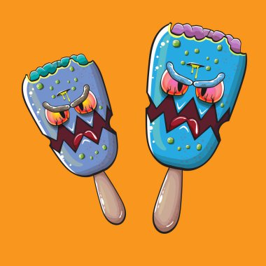 Beyin ve turuncu arka planda kırmızı gözlü vektör zombi dondurması. Cadılar Bayramı mavi canavar dondurma zombi karakteri.