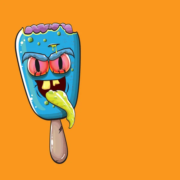 Gelato Zombie vettoriale con cervello e occhi rossi isolati su sfondo arancione. Halloween blu mostro gelato zombie personaggio . — Vettoriale Stock