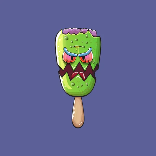 Vector Zombie helado con cerebro y ojos rojos aislados sobre fondo azul. Halloween monstruo verde helado zombie carácter . — Vector de stock