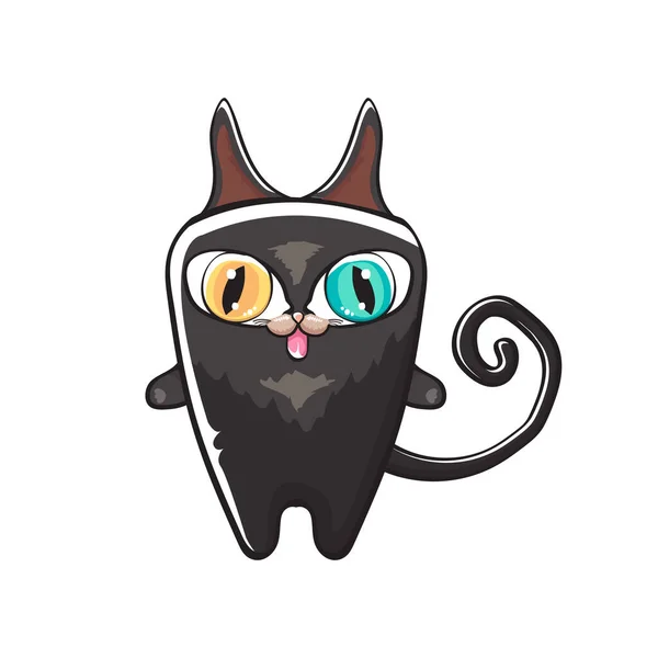 Lindo gato de halloween negro aislado sobre fondo naranja. Dibujos animados feliz negro bruja gatito con Grande ojos — Vector de stock