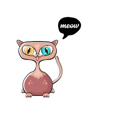 Beyaz arka planda izole edilmiş sevimli kawaii kedisi. Çizgi film mutlu kedi yavrusu. Kocaman gözleri ve konuşma balonu var.