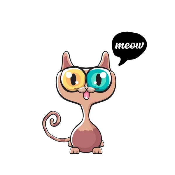 Kawaii lindo gato aislado sobre fondo blanco. Dibujos animados gatito feliz con grandes ojos y burbuja del habla — Vector de stock