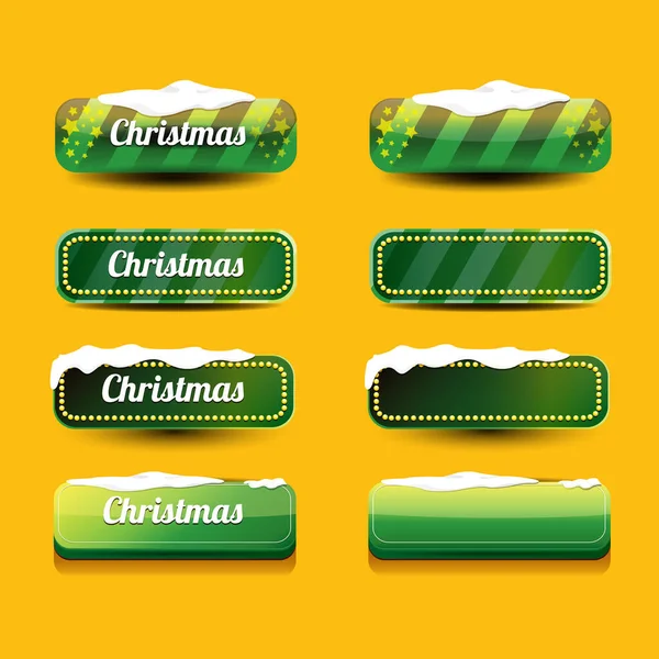 Vánoční vektorově zelené lesklé knoflíky nastavit izolované na oranžovém pozadí. web zelené vánoční prodejní tlačítka se sněhem, led hranice — Stockový vektor