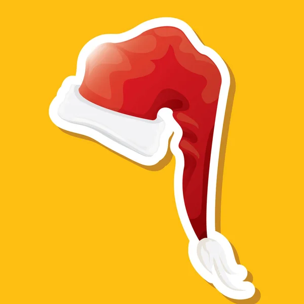 Kırmızı vektör Noel Baba şapka çıkartması simgesi ya da turuncu arka planda izole edilmiş etiket. Sancaklar ve gebe kartlar için mutlu noeller tasarım ögesi — Stok Vektör