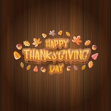 Mutlu Şükran Günü etiketleri ve ahşap arka planda düşen sonbahar yaprakları. Karikatür Şükran Günü posteri ya da afişi