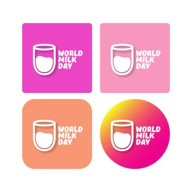 Vektör dünyası süt günü taslak simgeleri pembe arka planda izole edilmiş veya etiketlenmiş. Süt Günü poster tasarımı şablonu. Süt bardaklı süt günü logosu koleksiyonu