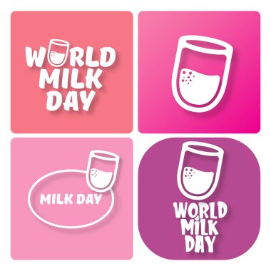 Vektör dünyası süt günü taslak simgeleri pembe arka planda izole edilmiş veya etiketlenmiş. Süt Günü poster tasarımı şablonu. Süt bardaklı süt günü logosu koleksiyonu
