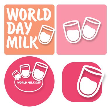 Vektör dünyası süt günü taslak simgeleri pembe arka planda izole edilmiş veya etiketlenmiş. Süt Günü poster tasarımı şablonu. Süt bardaklı süt günü logosu koleksiyonu