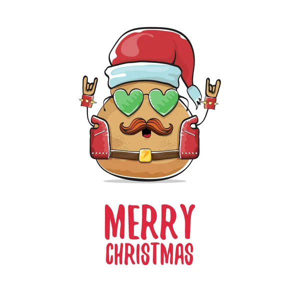 Vector estrella de rock santa patata divertido personaje lindo de dibujos animados con sombrero de santa rojo y caligrafía feliz texto de Navidad aislado sobre fondo blanco. rock n roll cartel de la fiesta de Navidad — Vector de stock
