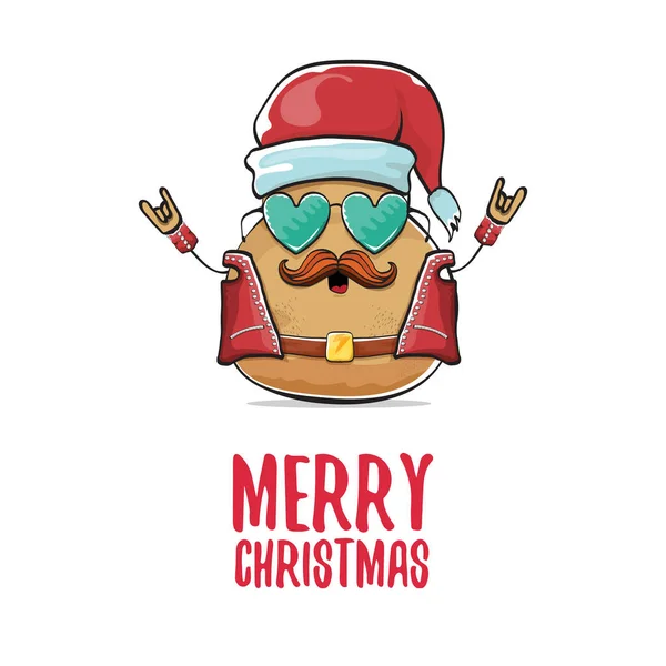 Vektor rocková hvězda Santa Brambor legrační karikatura roztomilá postava s červenou Santa klobouk a kaligrafie Veselé Vánoce text izolovaný na bílém pozadí. rock n roll vánoční večírek plakát — Stockový vektor