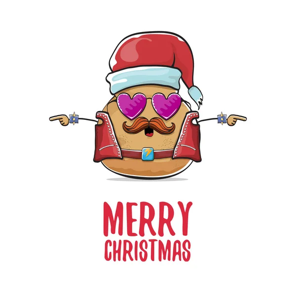 Vektor Rockstar Santa Potato lustige Cartoon niedliche Figur mit rotem Weihnachtsmann Hut und kalligrafische frohe Weihnachten Text isoliert auf weißem Hintergrund. Rock n Roll Weihnachtsfeier Poster — Stockvektor