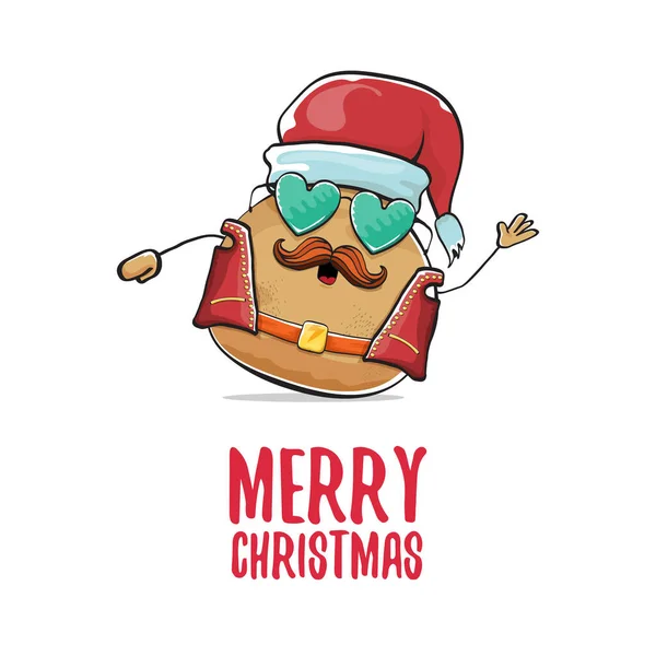 Vector estrella de rock santa patata divertido personaje lindo de dibujos animados con sombrero de santa rojo y caligrafía feliz texto de Navidad aislado sobre fondo blanco. rock n roll cartel de la fiesta de Navidad — Archivo Imágenes Vectoriales